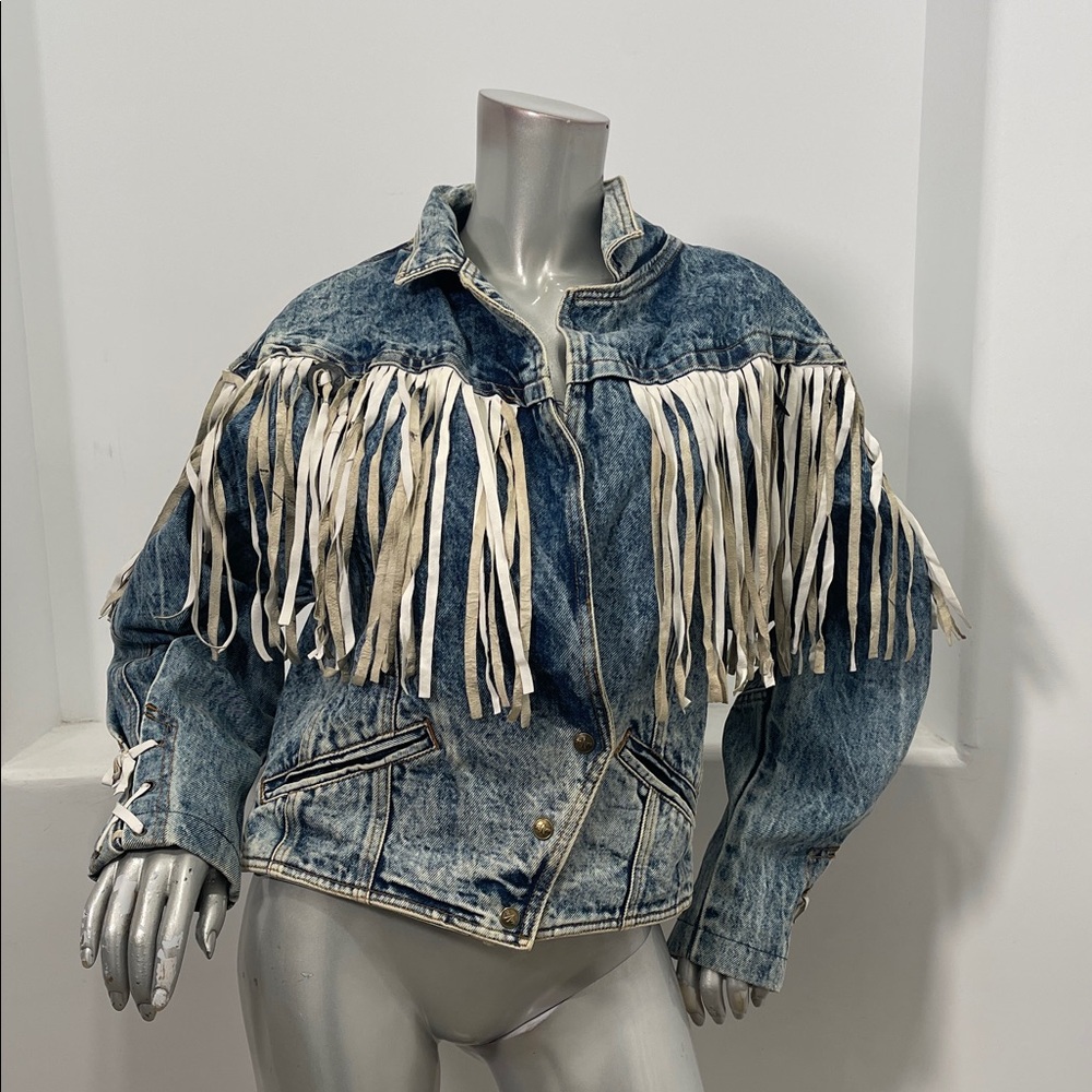 Vintage 1980’S HAVOC Acid Wash Denim Leather Fringe  Western Jacket Size L